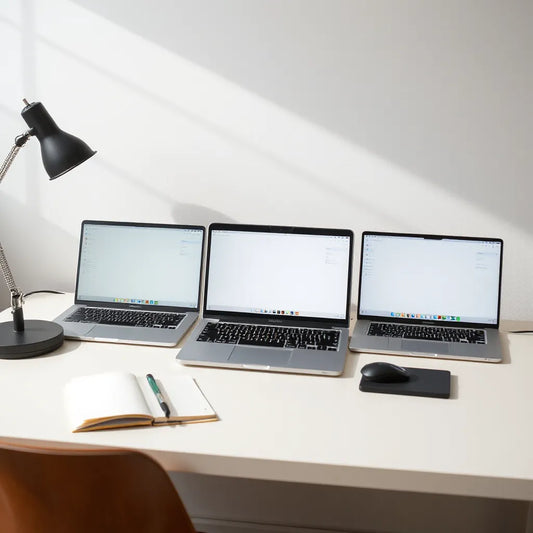 Three budget-tier laptops on a tidy desk with soft lighting for laptop buying comparison