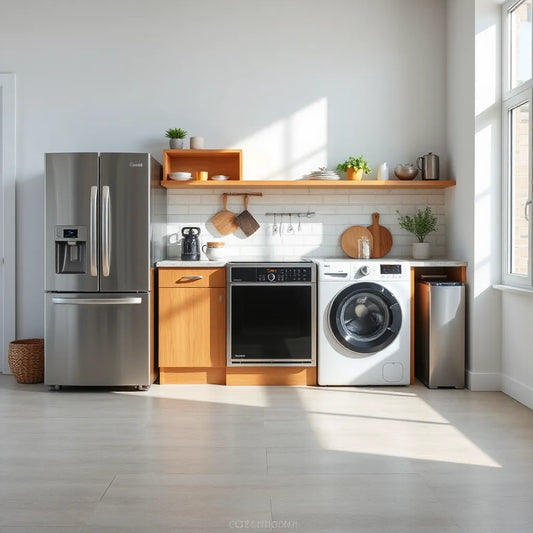 Modern kitchen appliances with an efficient refrigerator and washing machine in natural daylight