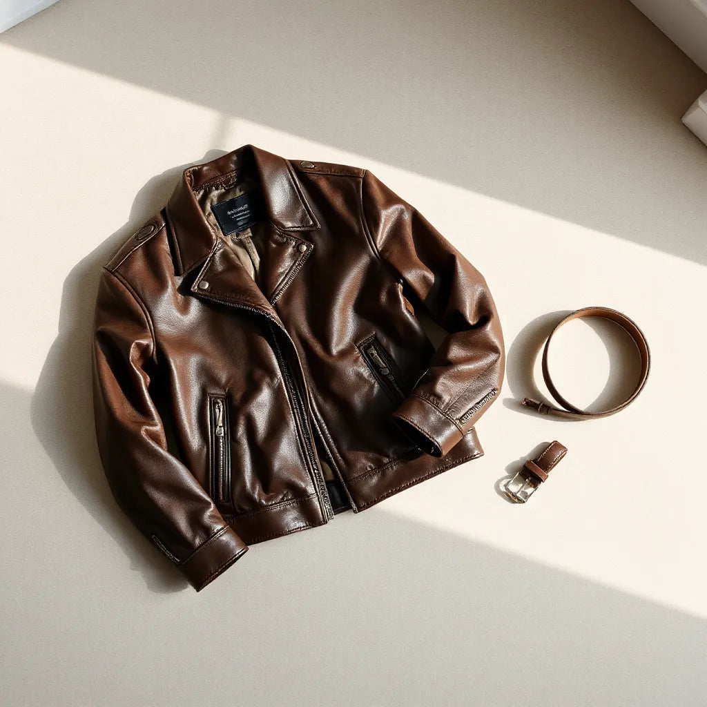Premium leather jacket laid flat showing collar, zipper, and detailed stitching on a neutral background