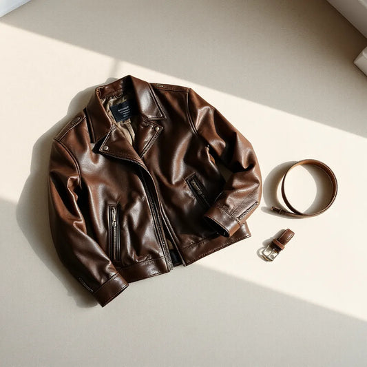 Premium leather jacket laid flat showing collar, zipper, and detailed stitching on a neutral background