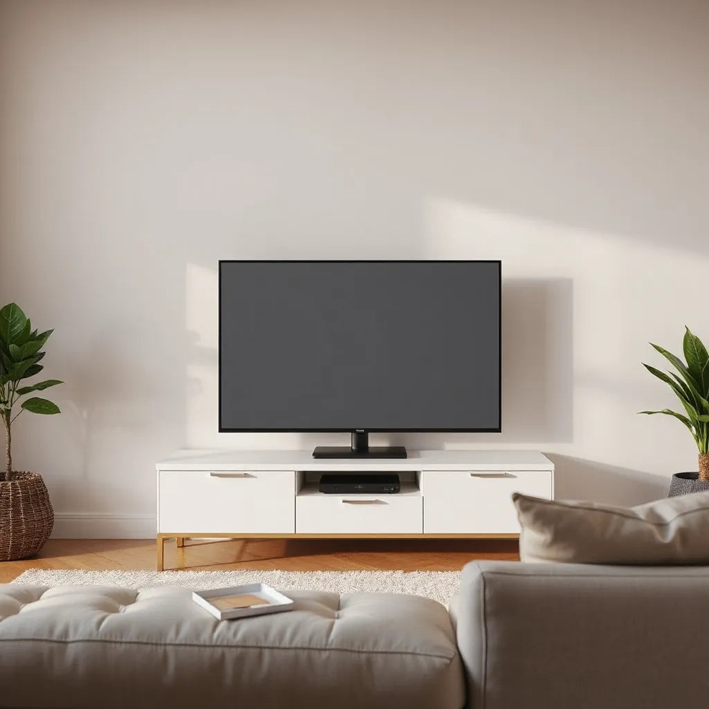 65-inch smart TVs in a modern living room showing distinct picture styles for Samsung, Sony, and LG OLED