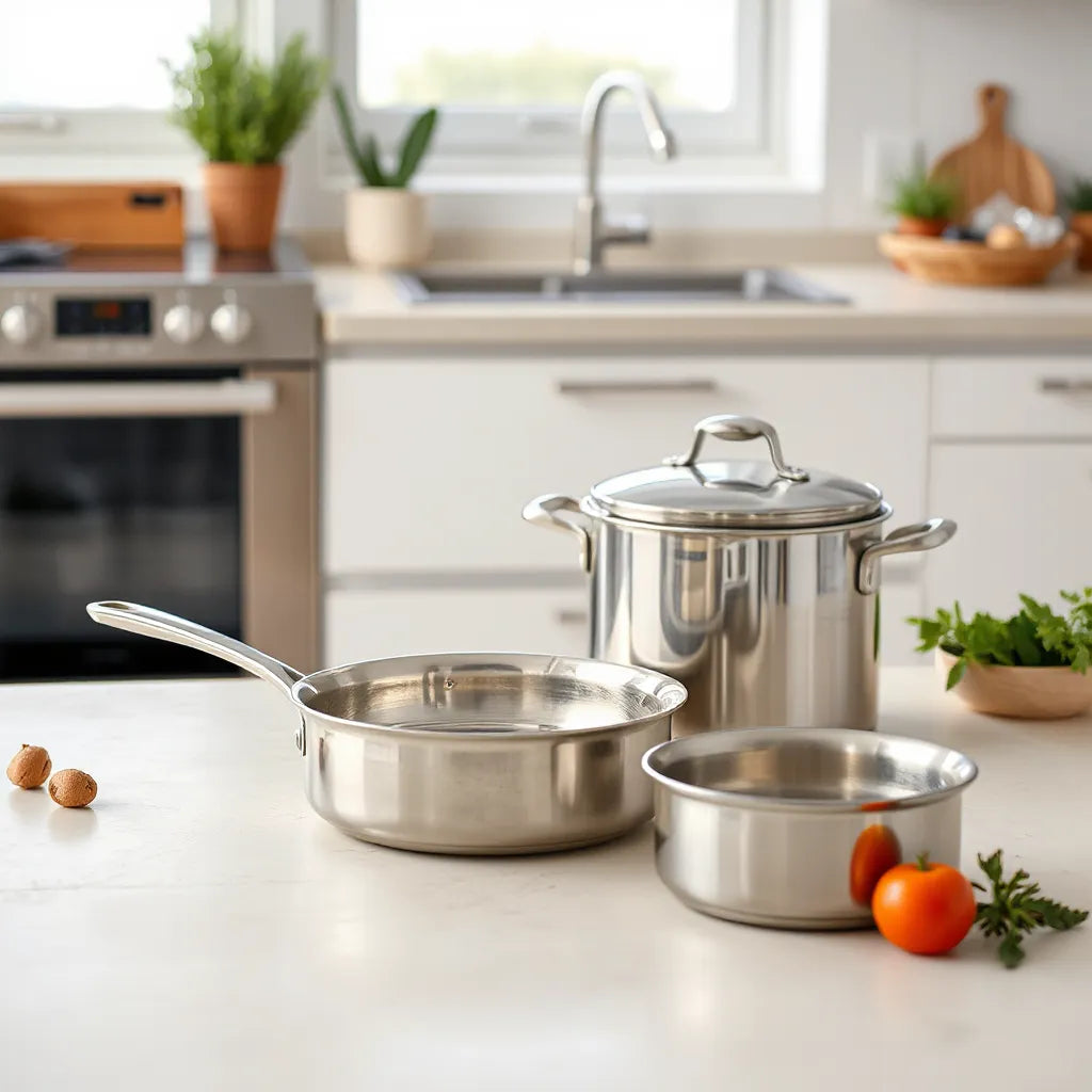Stainless steel skillets and a lidded saucepan arranged on a clean kitchen counter
