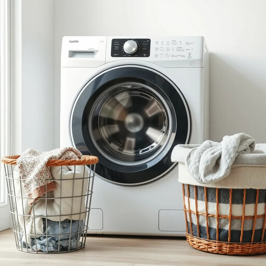 Modern fully automatic front-loading washer with a laundry basket in a bright, clean laundry room