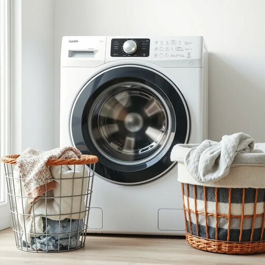 Modern fully automatic front-loading washer with a laundry basket in a bright, clean laundry room