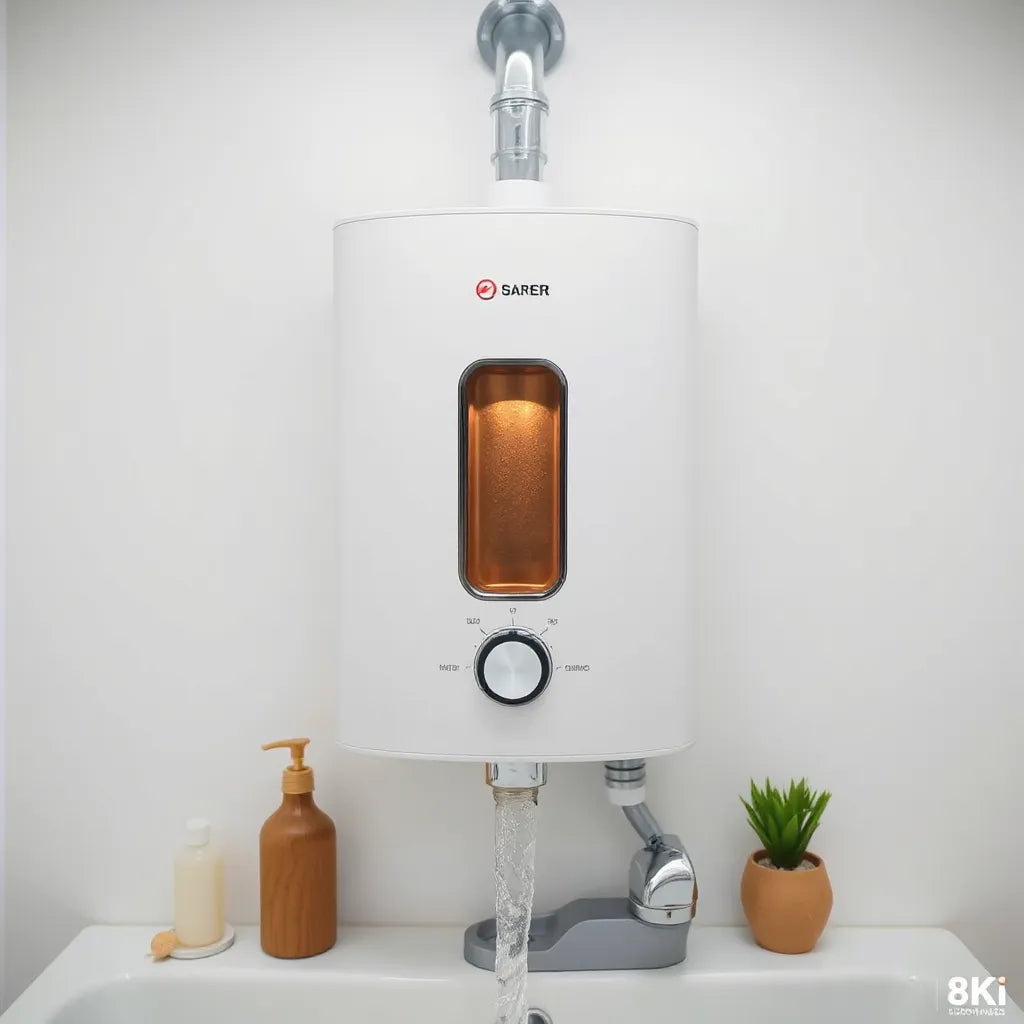 ISI-style geyser with copper-colored heating element and warm outlet steam in a clean bathroom setting