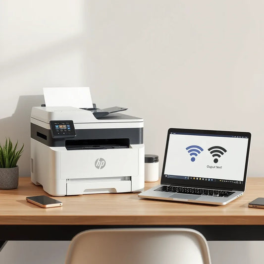 Wireless laser printer on a home office desk with a laptop and phone nearby