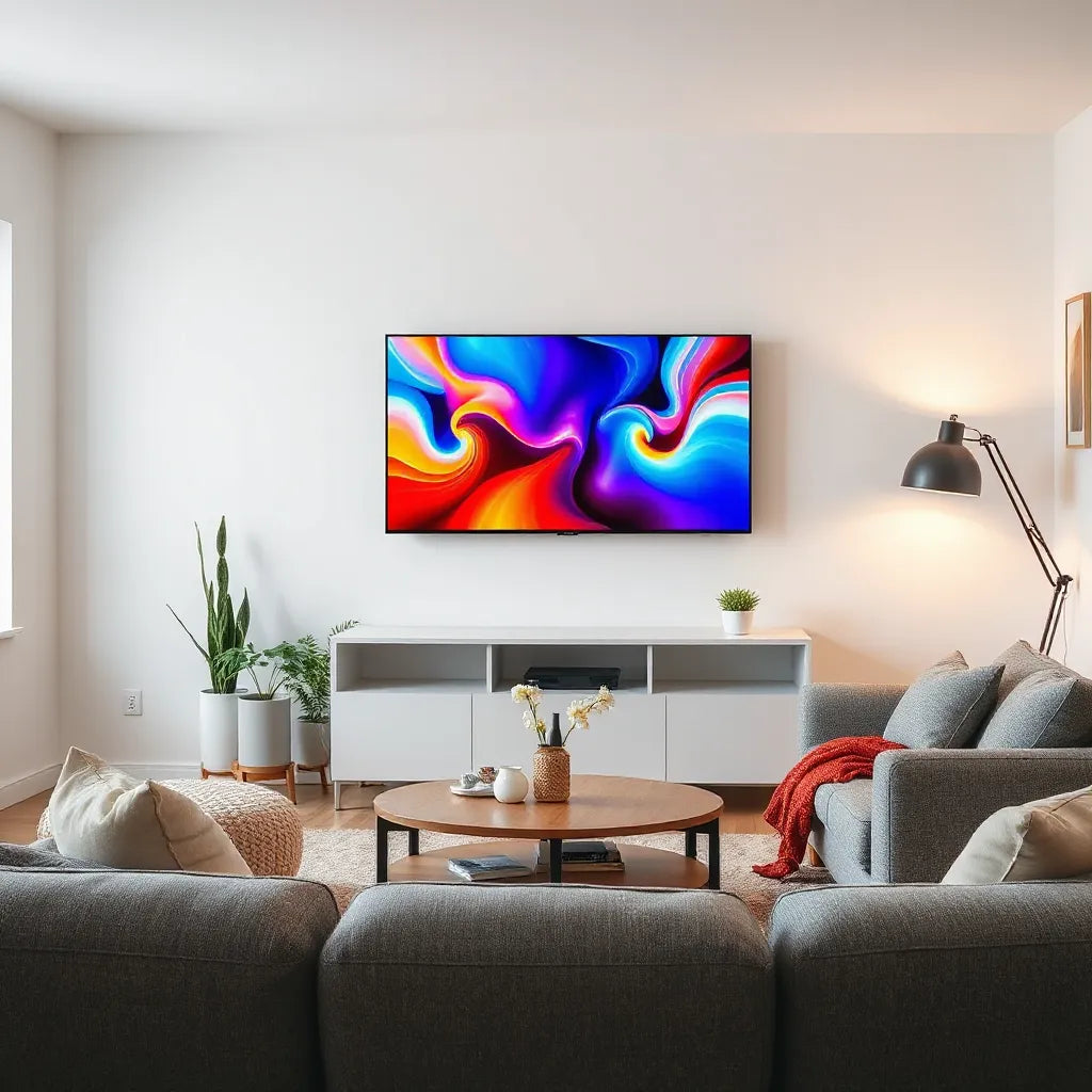 Modern QLED TV in a bright living room, showing vivid screen colors and inviting home viewing setup.
