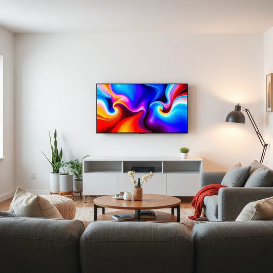 Modern QLED TV in a bright living room, showing vivid screen colors and inviting home viewing setup.