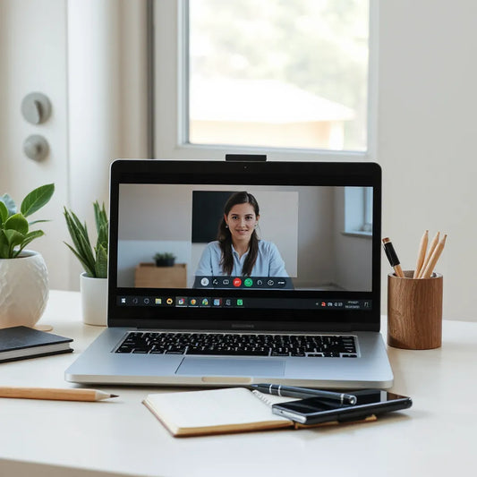 Open laptop on a home desk with video learning setup, notebook, and phone nearby
