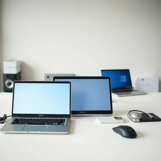 Three modern laptops on a clean desk, showing keyboards and screens clearly for budget comparison.