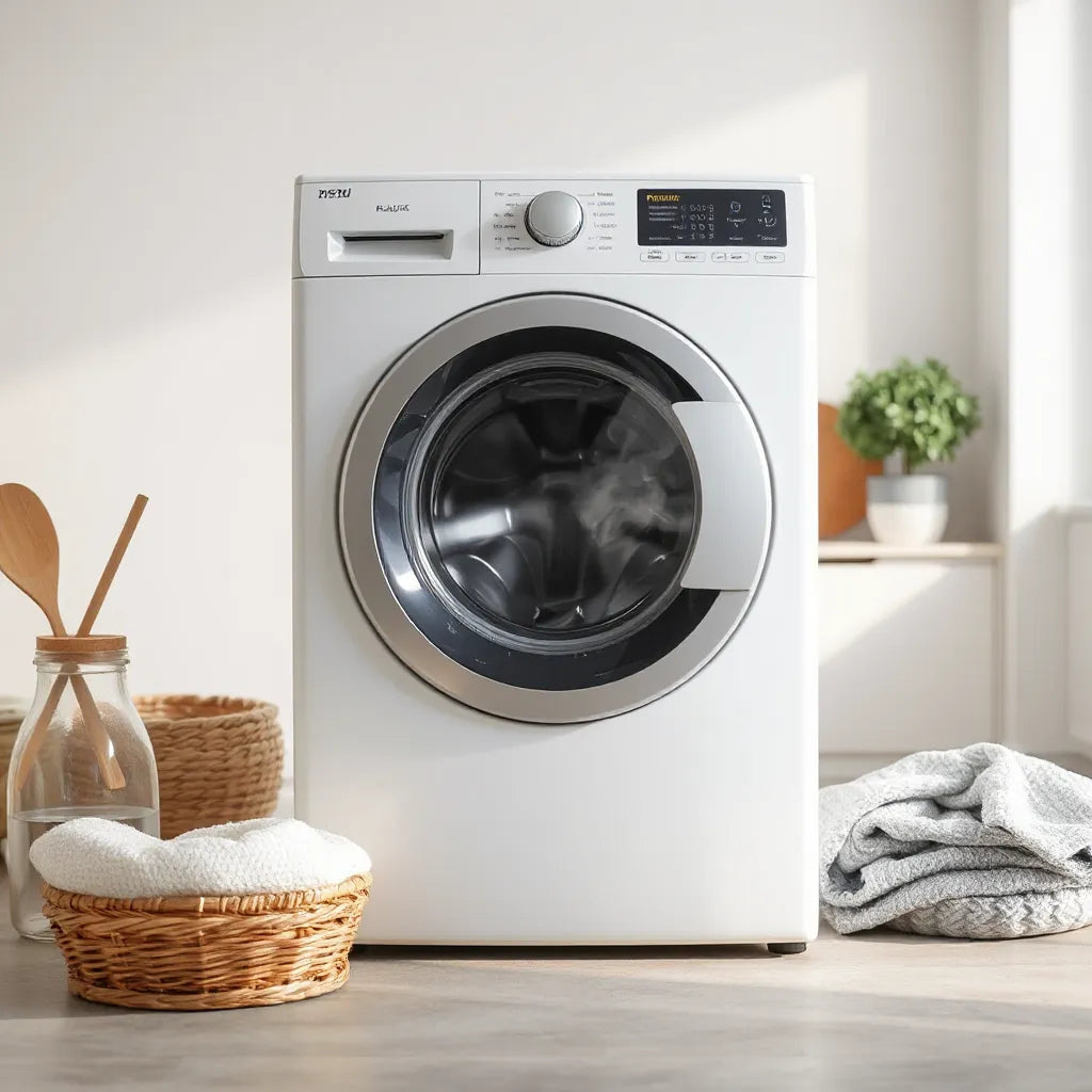 Modern washing machine with a subtle steam effect, set in a clean laundry room for hot wash cleaning
