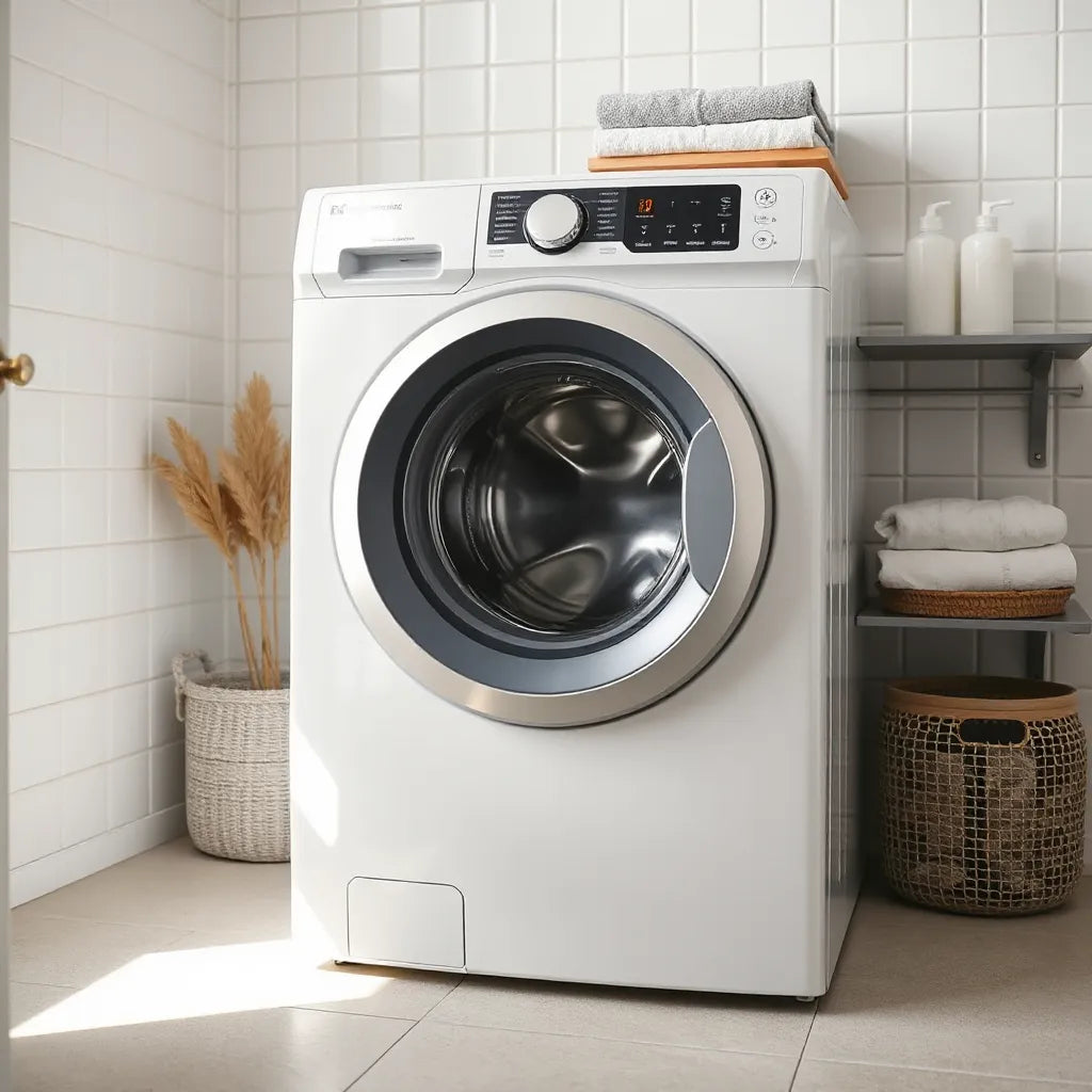 Modern front-load washing machine with subtle warm steam glow indicating in-built heating in a clean laundry room