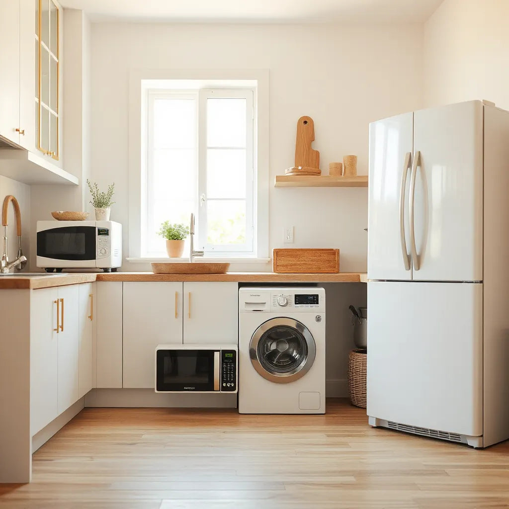 Modern refrigerator, washing machine, and countertop microwave in a bright home kitchen and laundry area