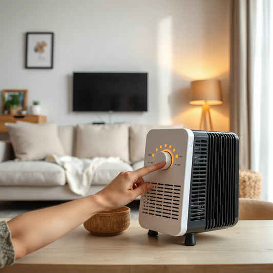 Modern heater control panel with three warm settings and a hand adjusting the heat level in a cozy living room