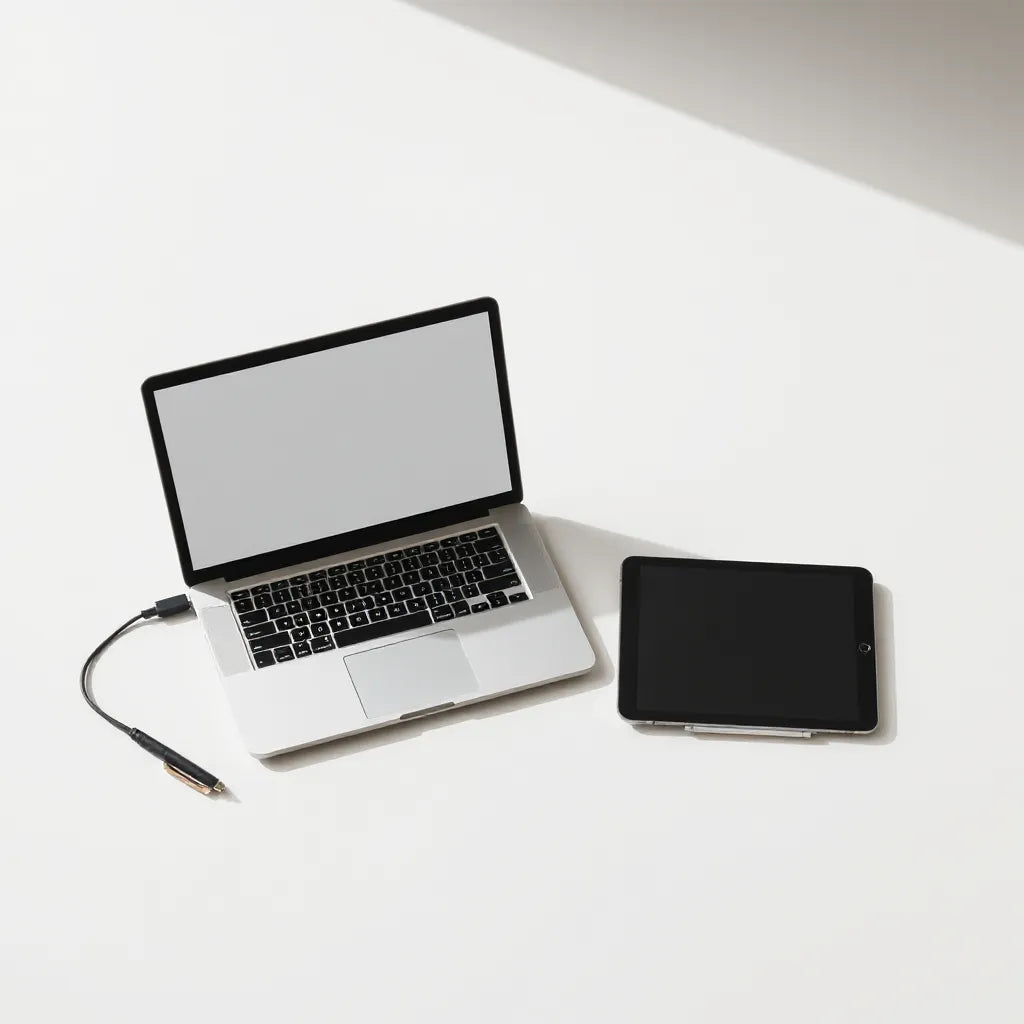Sleek laptop and tablet on a clean desk with minimal accessories