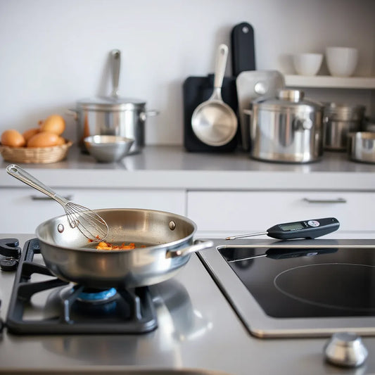 Stainless steel cookware and professional tools on a clean kitchen prep counter