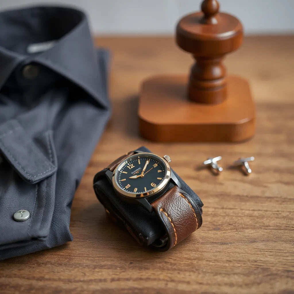 Men’s wristwatch on a leather stand beside a folded shirt with soft natural light