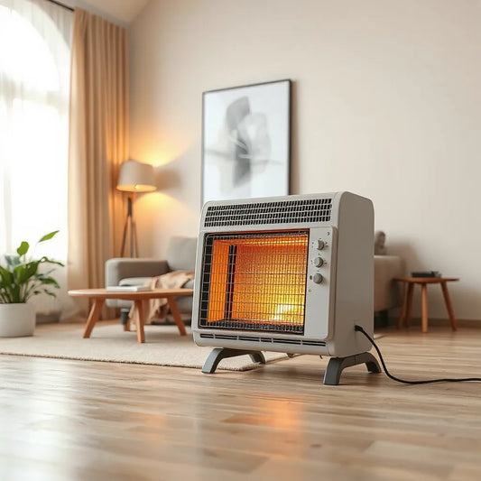 Electric room heater warming a modern living room with cozy, soft ambient light