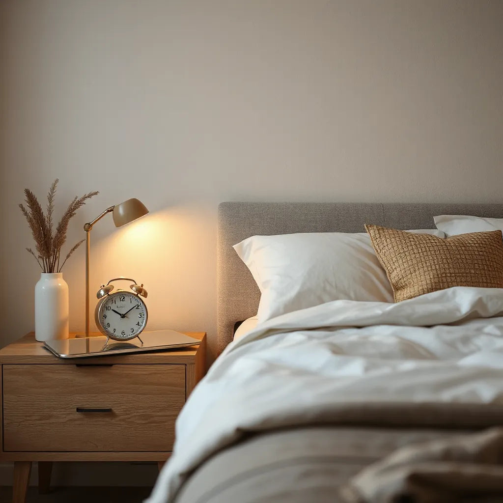 Modern bedside clock on a nightstand in a warmly lit bedroom with minimal decor
