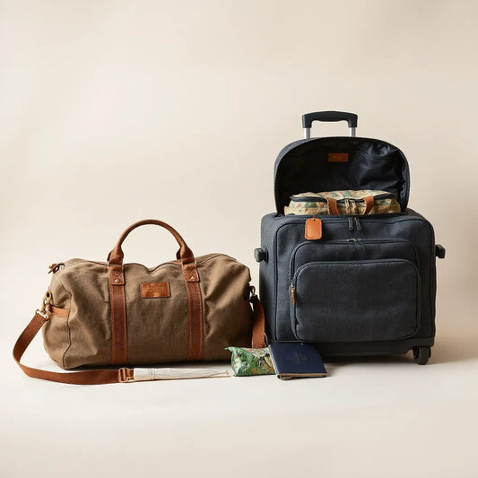 Rugged travel bags with reinforced handles and zipper details beside packing essentials on a clean surface