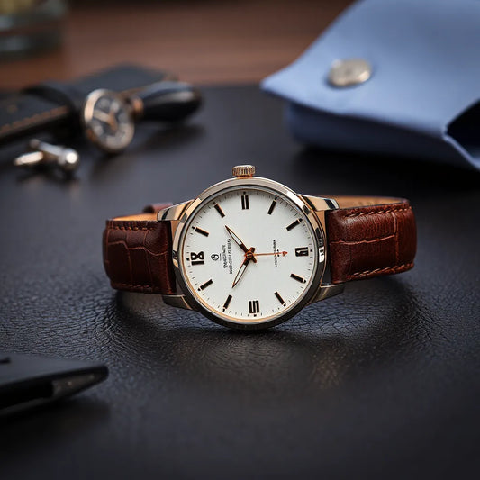 Elegant Titan-style gents wristwatch with clear dial detail on a clean background