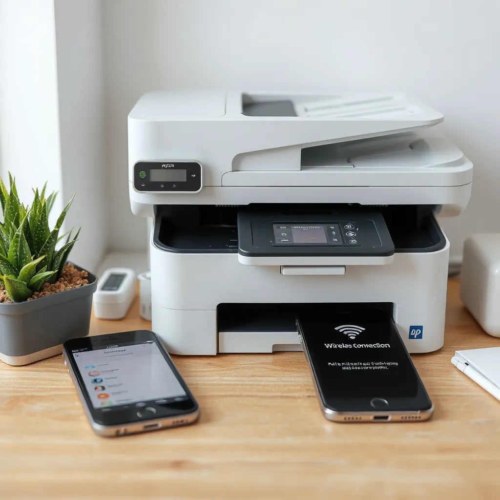Modern printer beside a smartphone showing a wireless connection for direct mobile printing