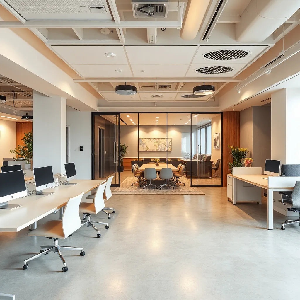 Bright modern office interior with updated desks, collaborative seating, and a glass meeting room