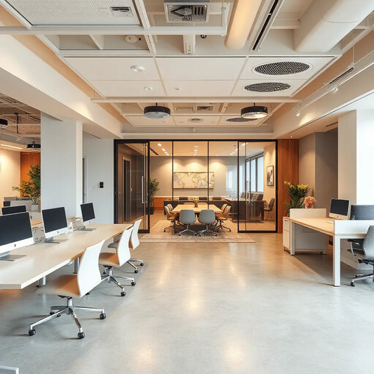 Bright modern office interior with updated desks, collaborative seating, and a glass meeting room