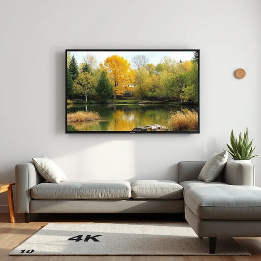 Wall-mounted flat-screen TV in a modern living room with a clear 4K display scene