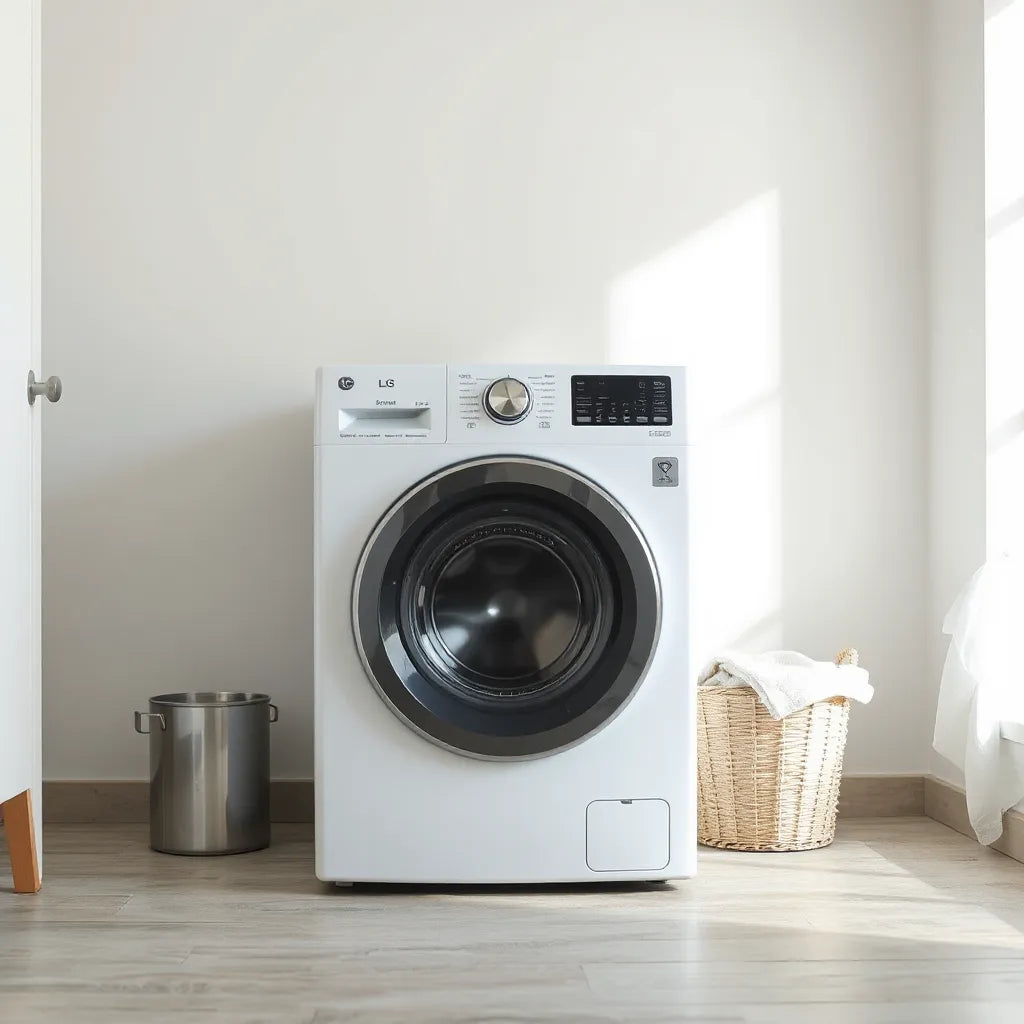 Modern front-loading washing machine with a door and nearby folded towels in a bright laundry room