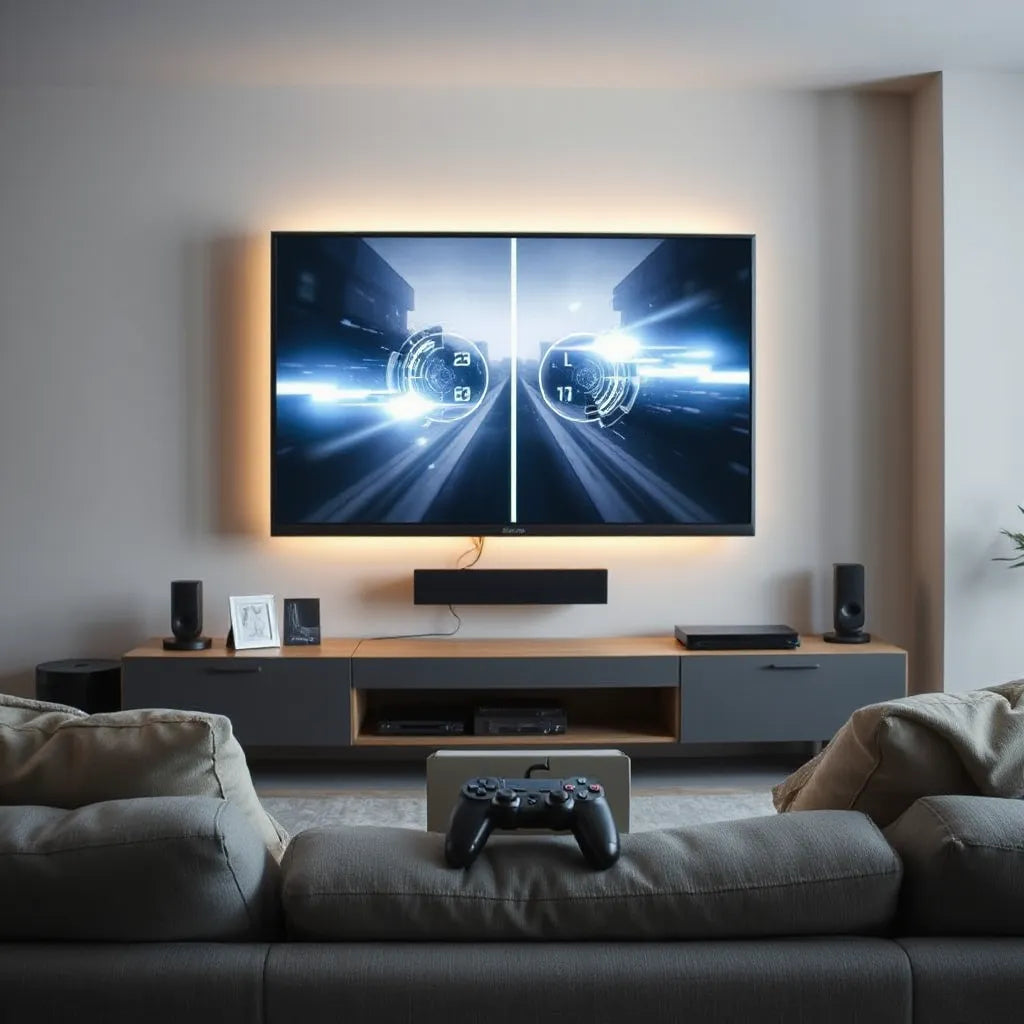 Large TV with gaming console setup and low-lag friendly display in a modern living room
