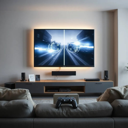 Large TV with gaming console setup and low-lag friendly display in a modern living room