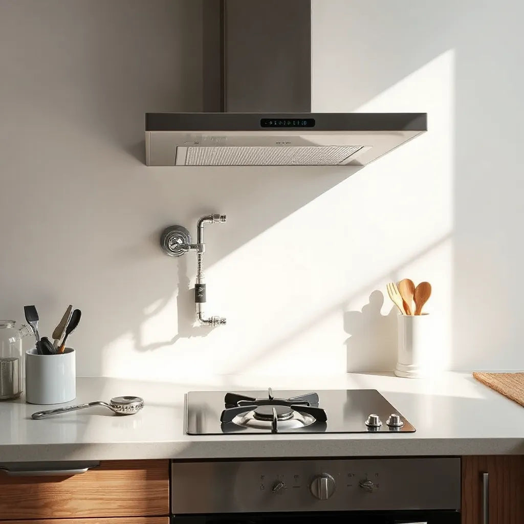 Technician fitting and sealing a modern gas hob with a flexible gas connection under the countertop