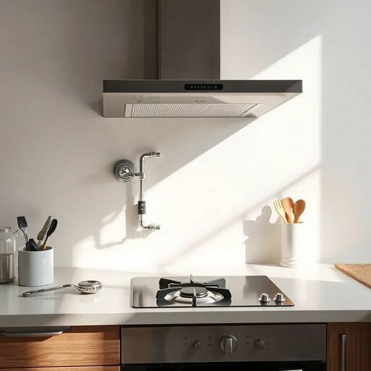 Technician fitting and sealing a modern gas hob with a flexible gas connection under the countertop