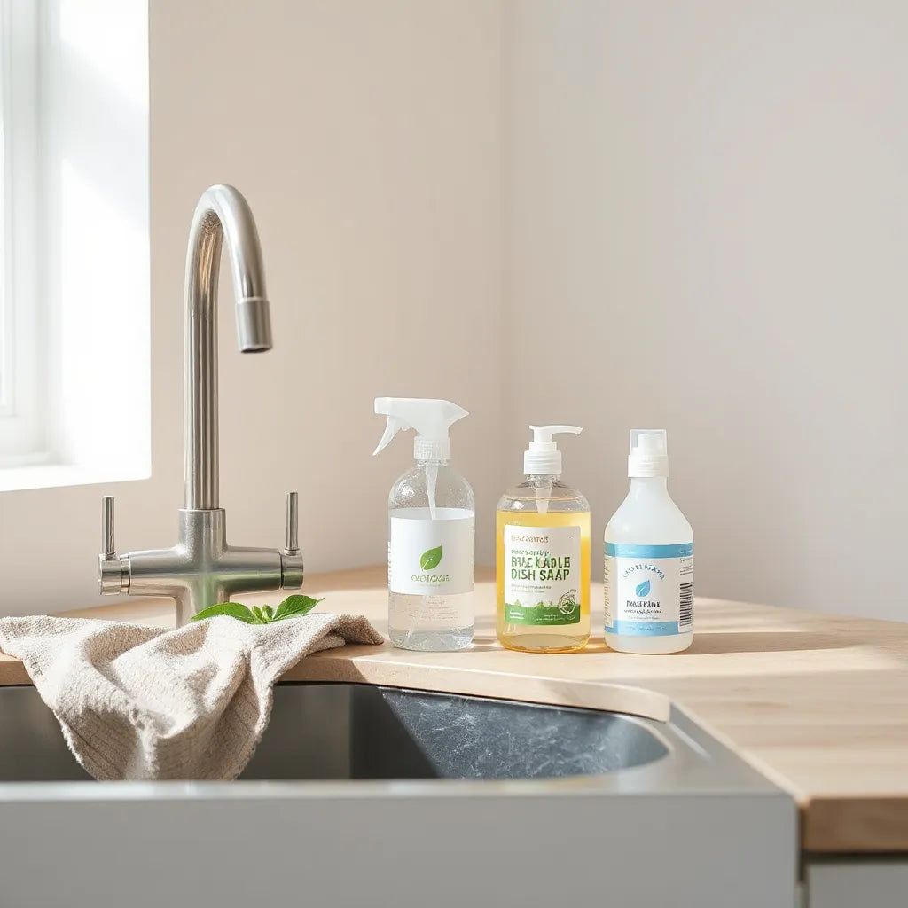 Eco-friendly cleaning products and reusable cloth arranged neatly on a kitchen counter near natural ingredients.