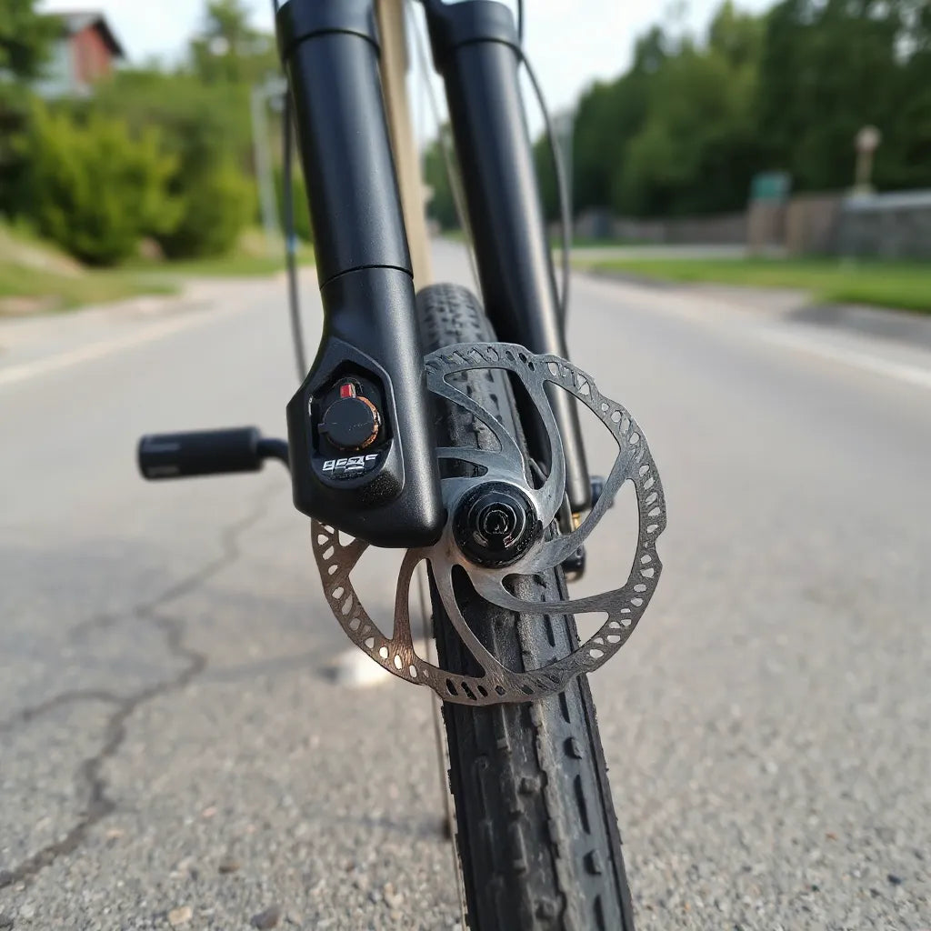 Geared bicycle front wheel featuring dual disc brakes and caliper on a quiet outdoor trail