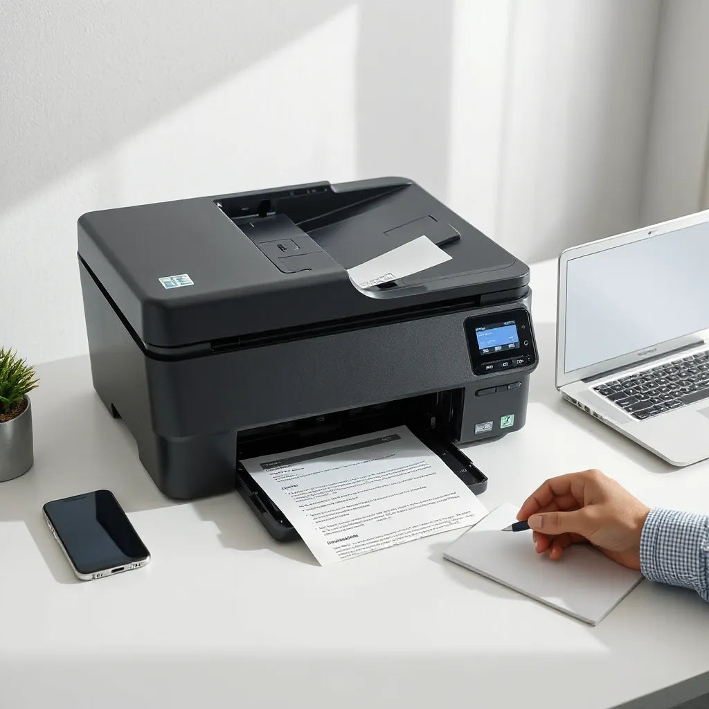 Hand placing a document on a scanner glass beside a modern all-in-one printer and a smartphone.