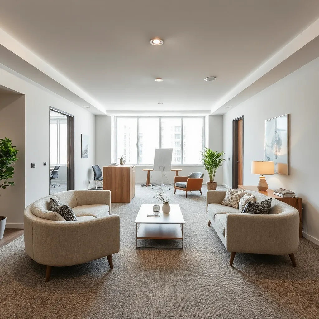 Modern office workspace refreshed with contemporary furniture and lighting for a professional space makeover
