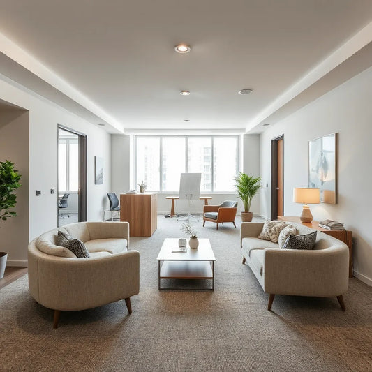 Modern office workspace refreshed with contemporary furniture and lighting for a professional space makeover