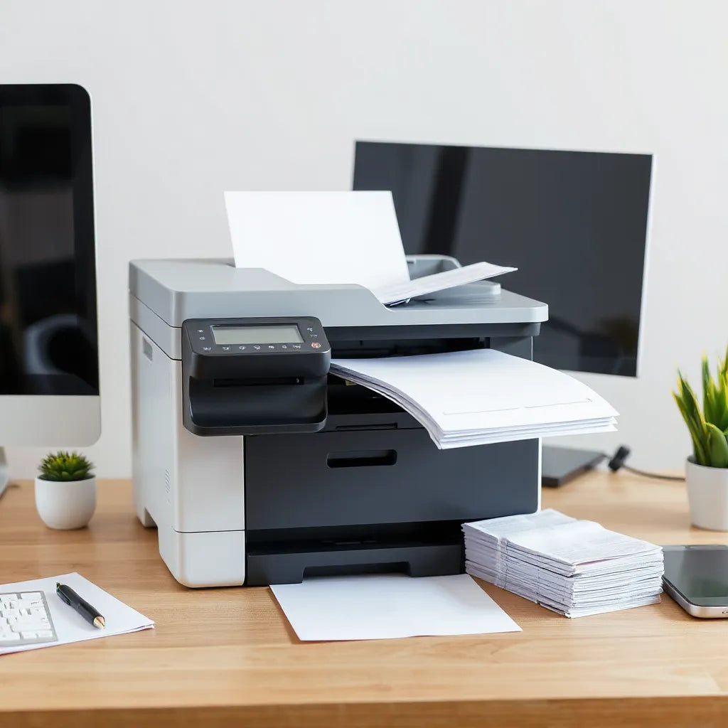 Multifunction printer with an automatic document feeder transferring a stack of documents in a clean office setup