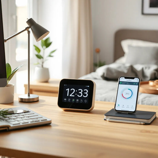 Smart home automation clock on a bedside table with a smartphone and smart hub nearby in a modern room