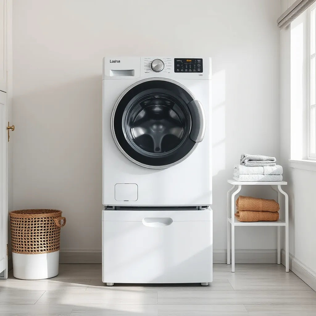 Modern front-load washing machine in a bright laundry room with folded towels nearby