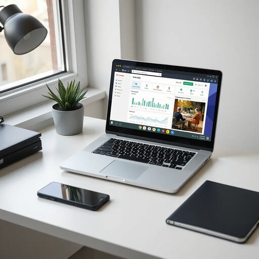 Sleek Chromebook on a desk with a generic productivity dashboard visible on screen
