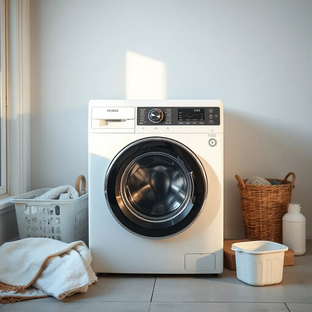 Modern energy-efficient front-loading washing machine in a bright, clean laundry room