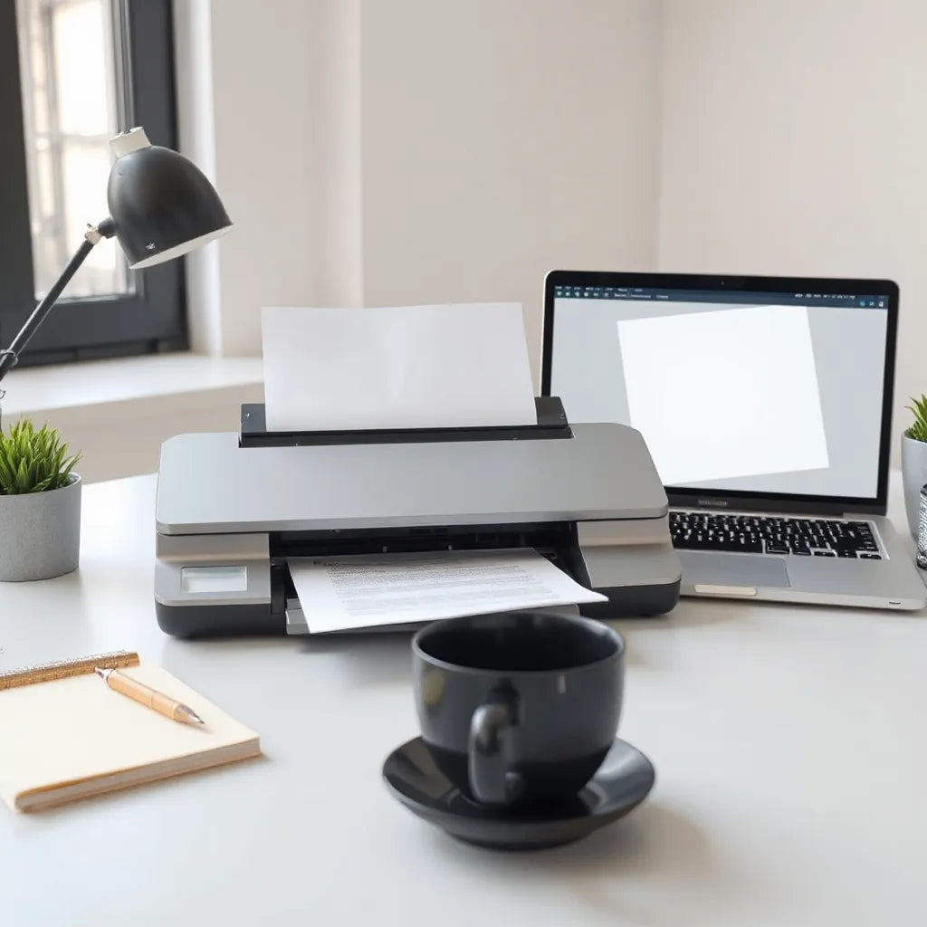 Flatbed document scanner on a desk with paper ready to scan and a laptop showing a scan preview