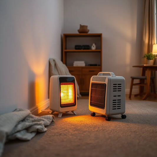 Compact room heater providing warm light in a small living room corner