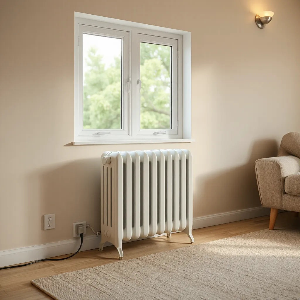 Oil filled radiator heater in a bright living room near a window for steady, quiet warmth