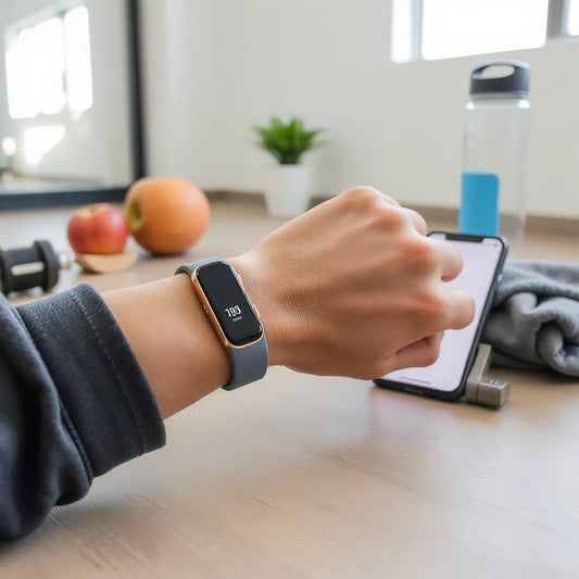 Fitness tracker on a wrist beside a smartphone with clean workout stats in a bright gym setting