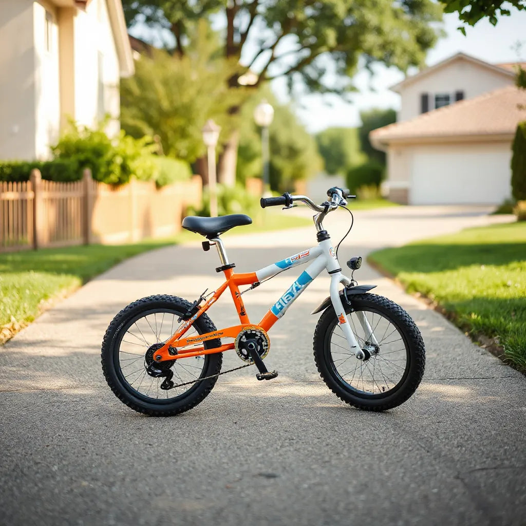 Lightweight kids cycle with a helmet on a sunny path, showing a child-sized frame and wheels.