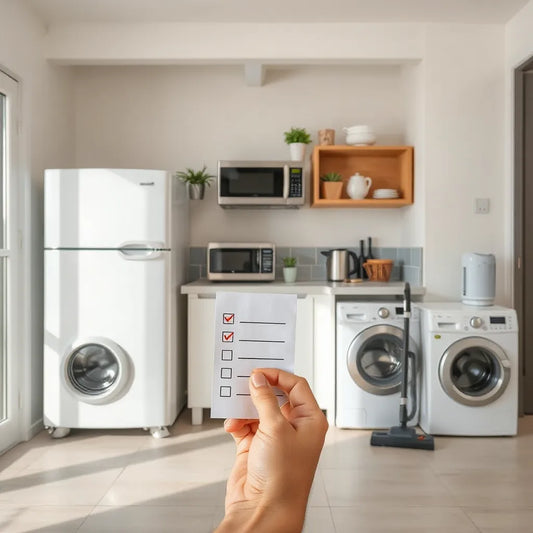 Hand holding a checklist next to compact home appliances in a bright kitchen and laundry space